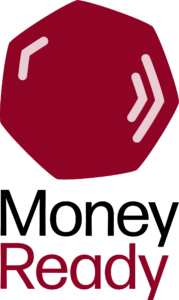 Money Ready vertical logo with maroon heptagon icon