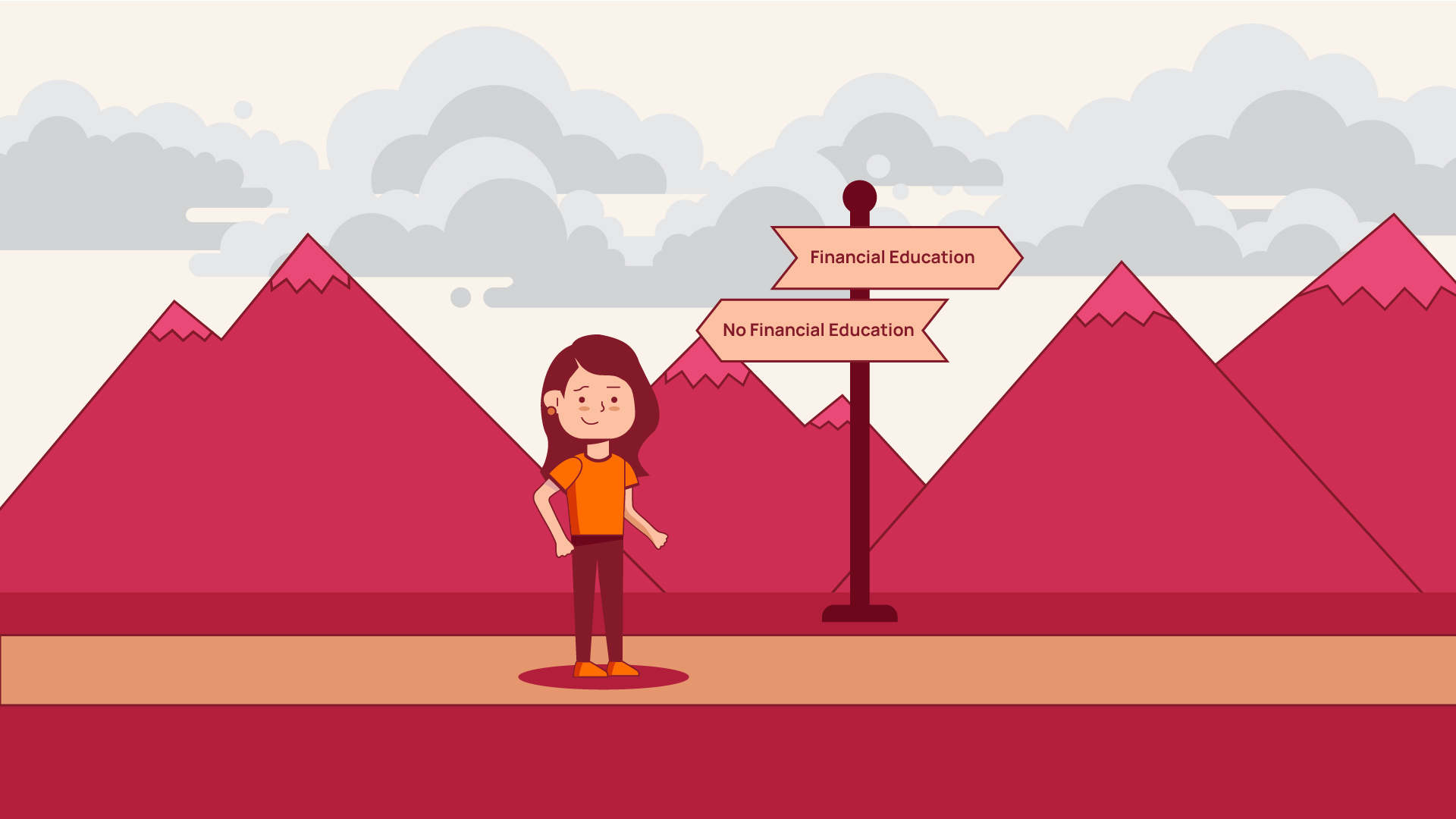 young girl stood in front of mountains at a signpost with 'financial education' pointing one way and 'no financial education' pointing the other