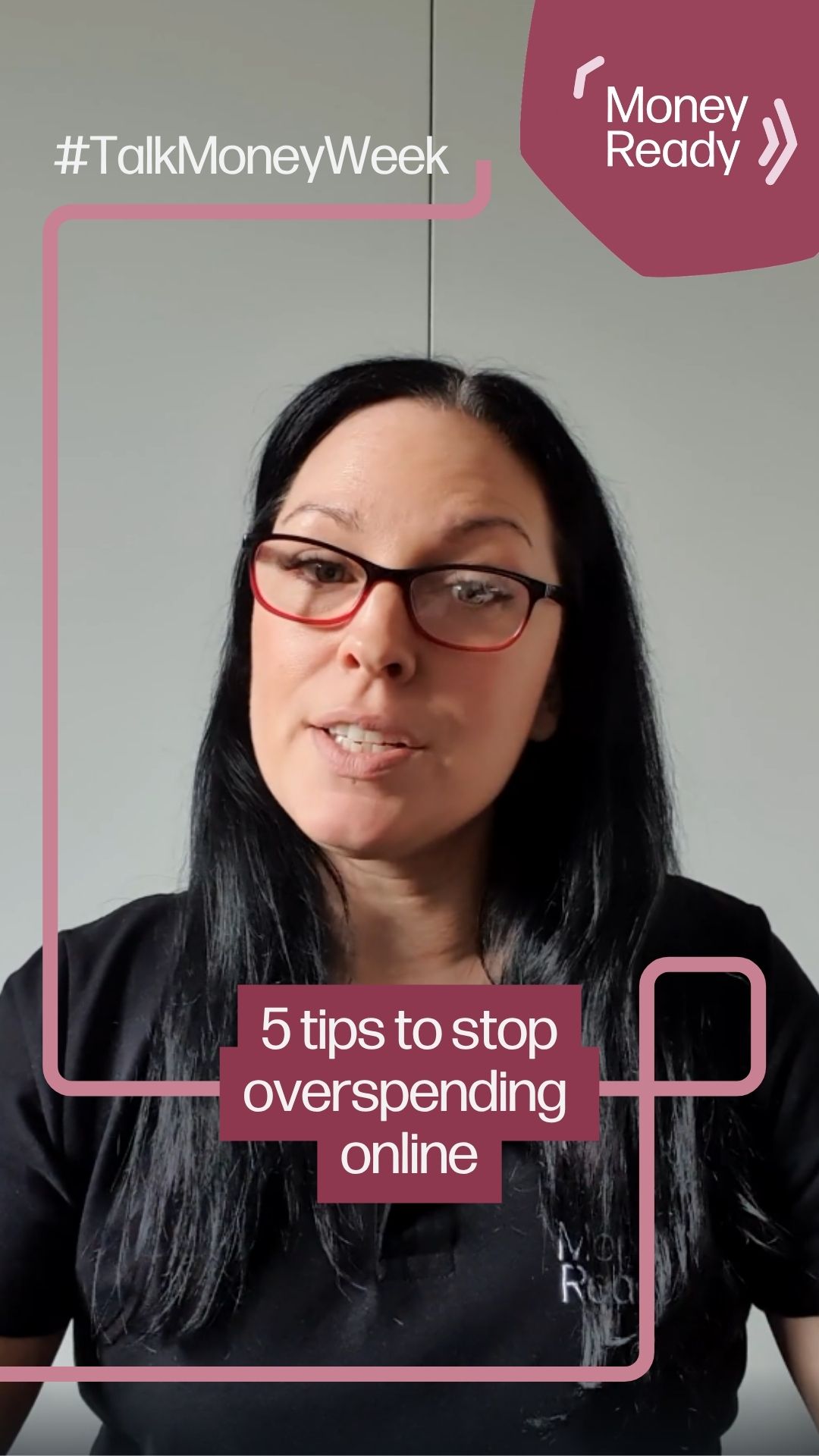 Sally standing in front of a white background with '5 tips to stop overspending online' written on screen