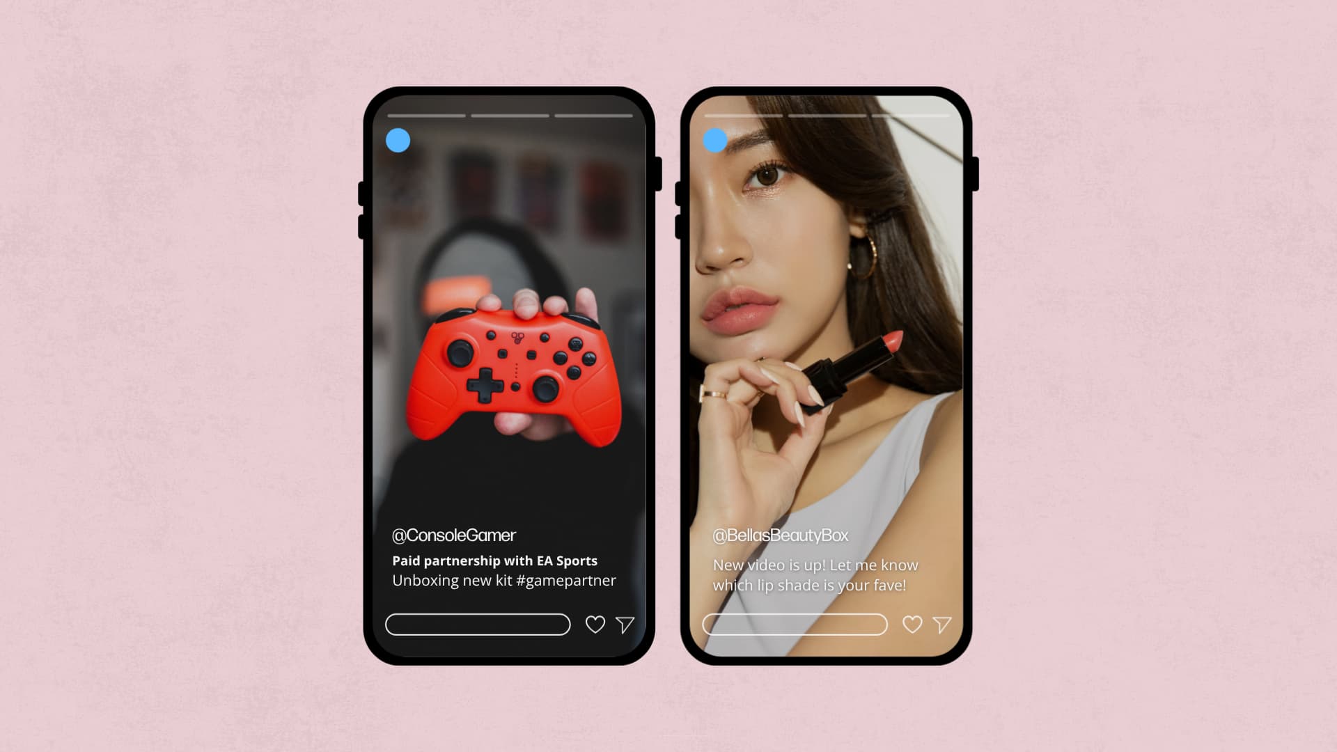 Spot the ad activity: two mobile phones showing gaming and beauty social media posts