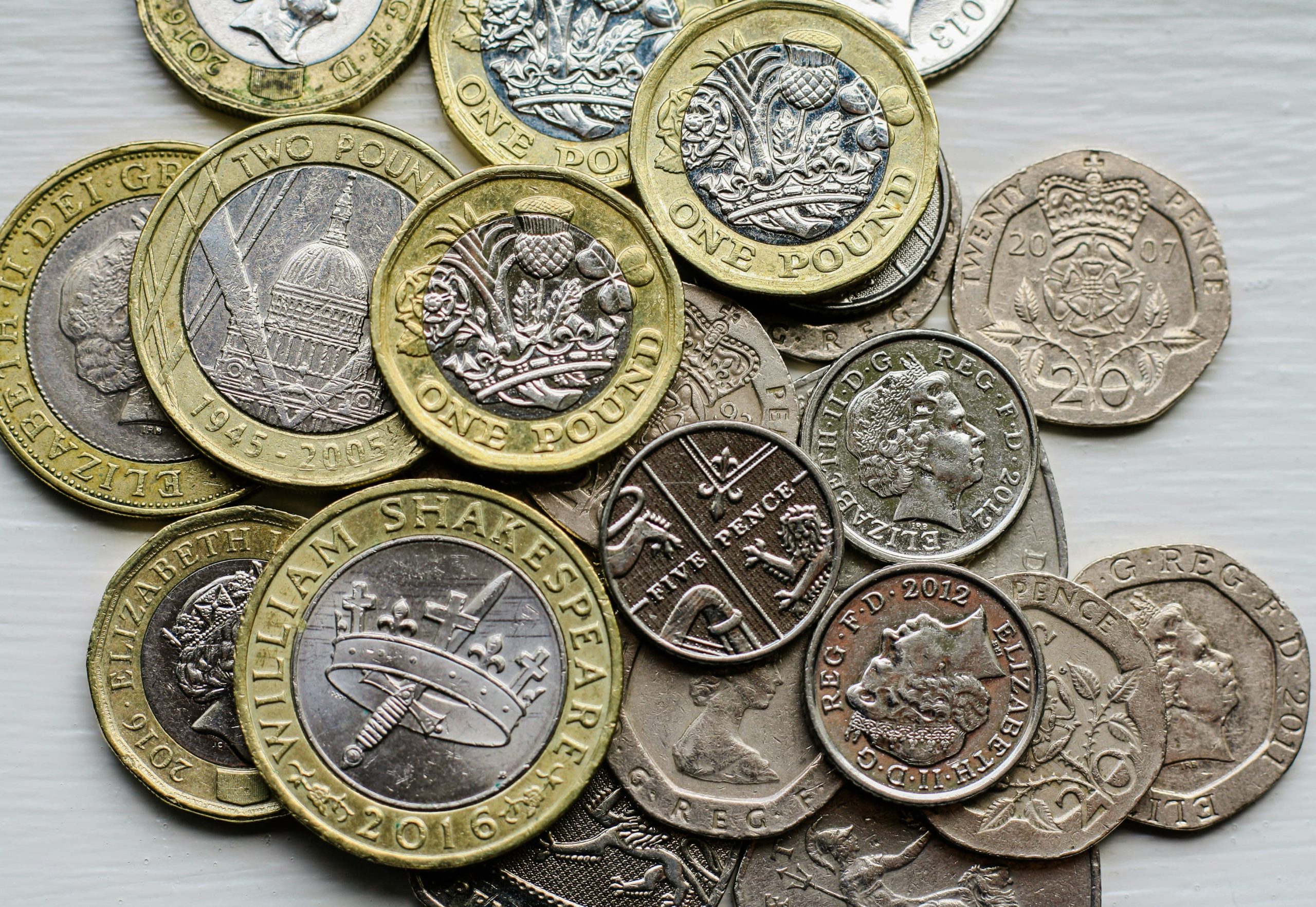Pile of pound coins and silver coins