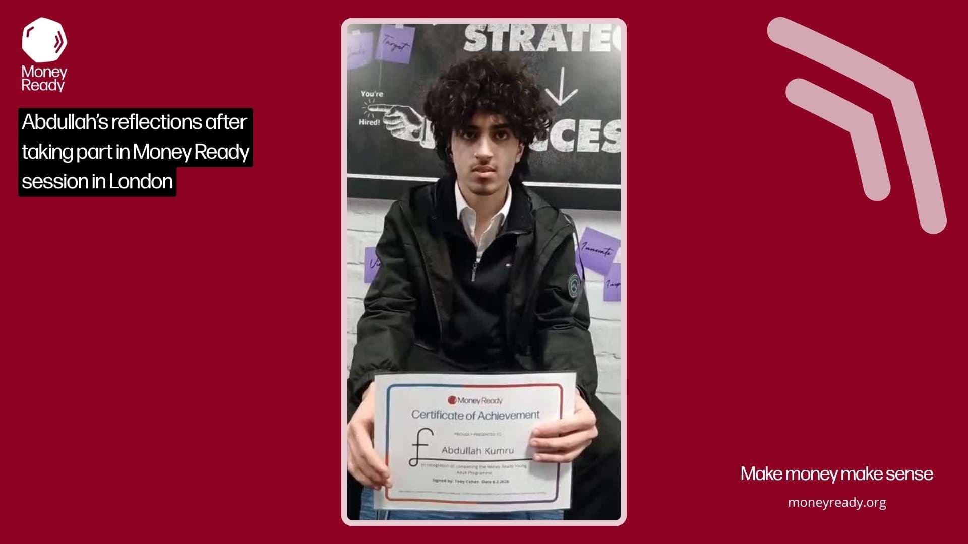 Young adult Abdullah sat talking to camera