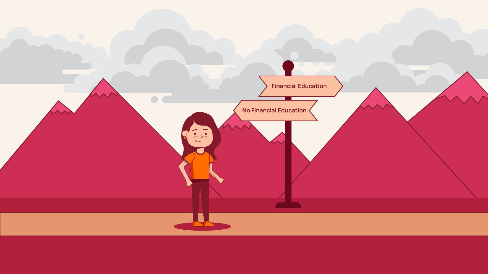 Illustration of a young girl stood in front of mountains at a signpost with 'financial education' pointing one way and 'no financial education' pointing the other